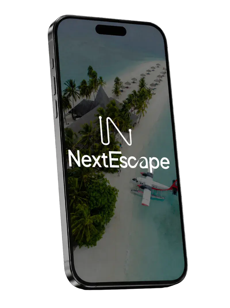 The NextEscape opening screen on a phone, over an aerial view of a tropical beach