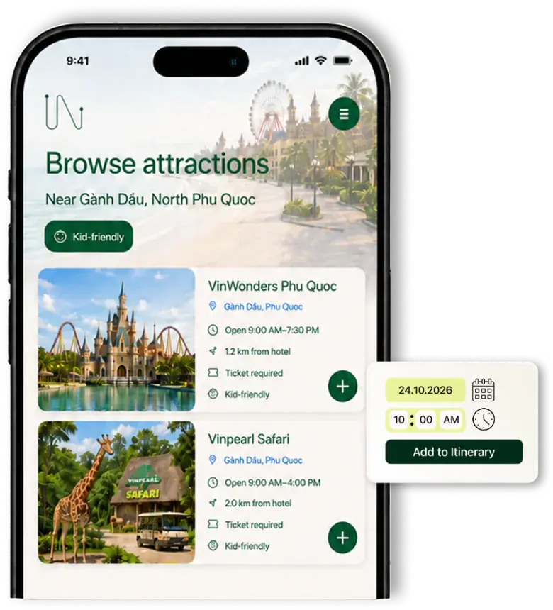 Browsing attractions near Gành Dầu with opening hours and an add-to-itinerary card